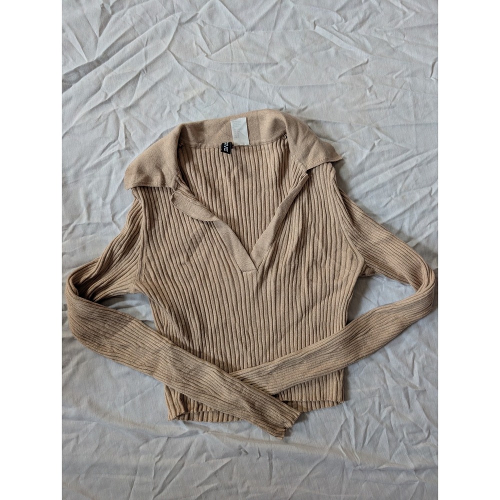 H&M Divided Ribbed Collared Long Sleeve Cropped Top Beige‎ Size S